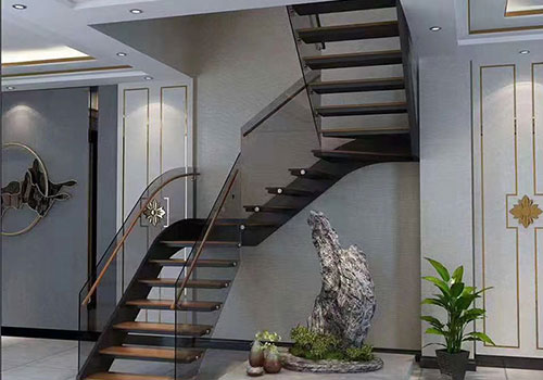 復式閣樓鋼木樓梯玻璃扶手定制設計裝修效果圖